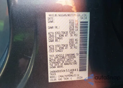 2014 Nissan Titan Sv from USA, damaged, VIN 1N6BA0ED5EN514841